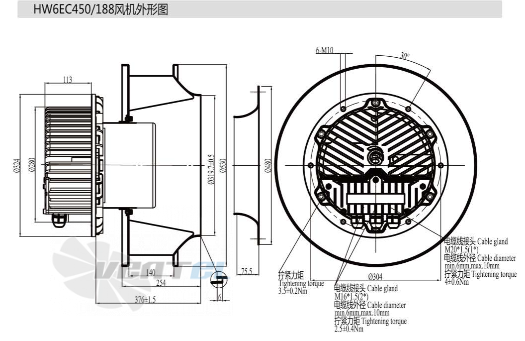 Габаритные размеры Boyoung HW6EC-450-188-VII 3.0 кВт с обратно загнутыми лопатками EC