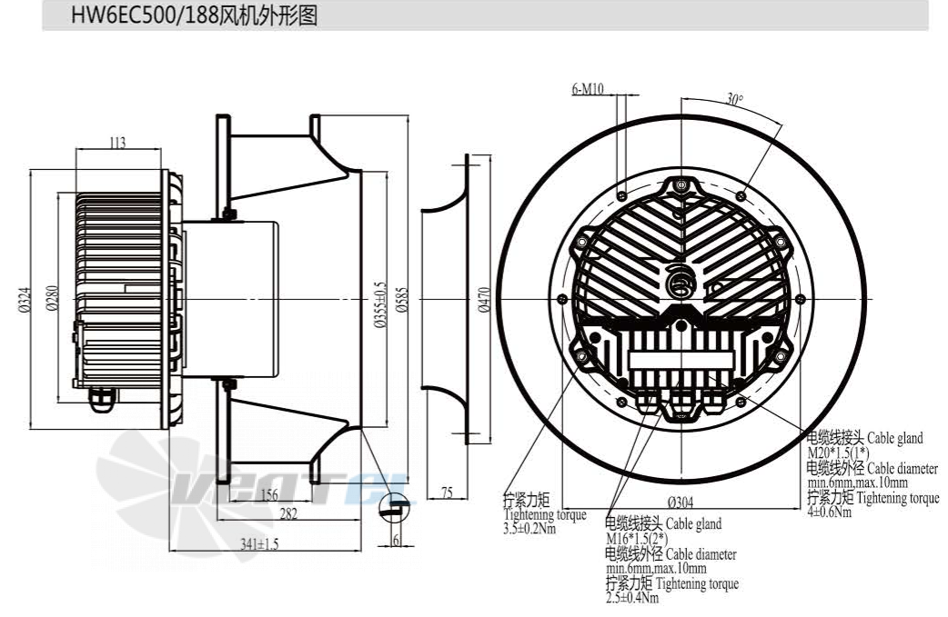 Габаритные размеры Boyoung HW6EC-500-188-IX 3.4 кВт с обратно загнутыми лопатками EC