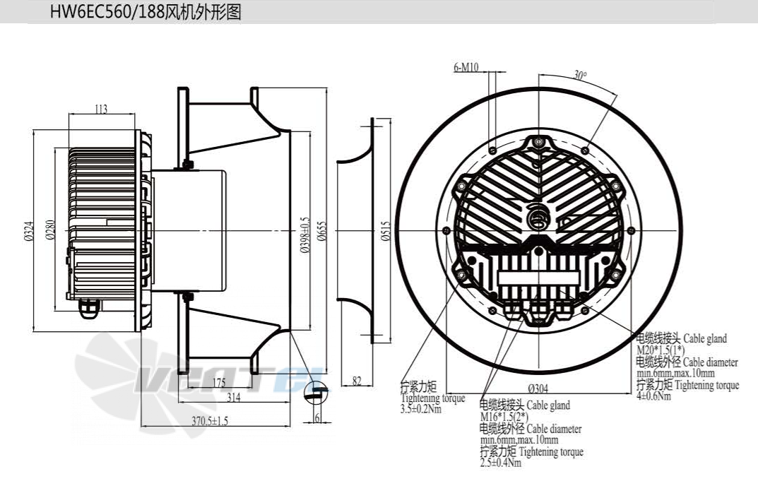 Габаритные размеры Boyoung HW6EC-560-180-IX 3.1 кВт с обратно загнутыми лопатками EC