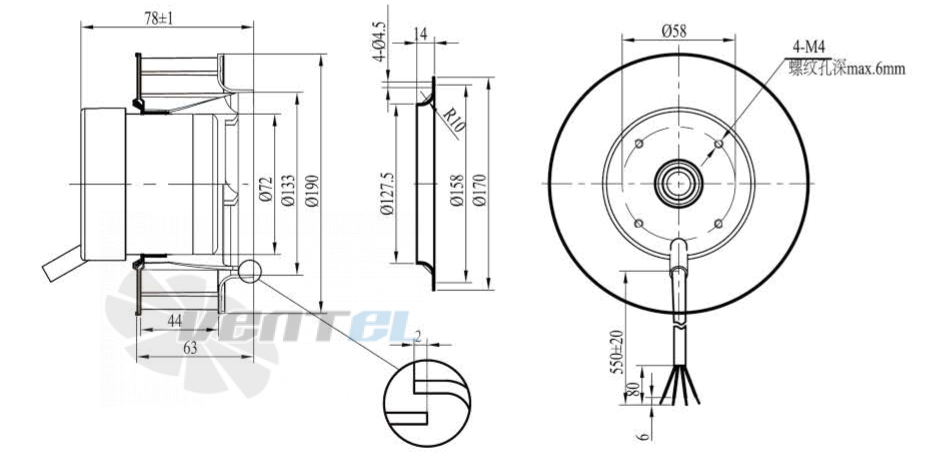 Габаритные размеры Boyoung HW3DC-190-072-I-061.5 0.052 кВт с обратно загнутыми лопатками DC