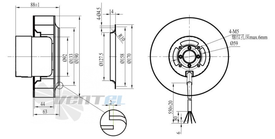 Габаритные размеры Boyoung HW3DC-190-092-I-061.5 DC24 0.152 кВт с обратно загнутыми лопатками DC