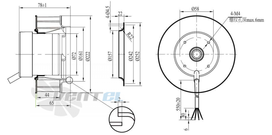 Габаритные размеры Boyoung HW4DC-220-072-I-065 0.062 кВт с обратно загнутыми лопатками DC
