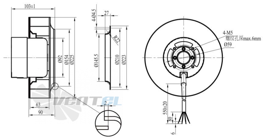 Габаритные размеры Boyoung HW3DC-225-092-I-090 0.11 кВт с обратно загнутыми лопатками DC