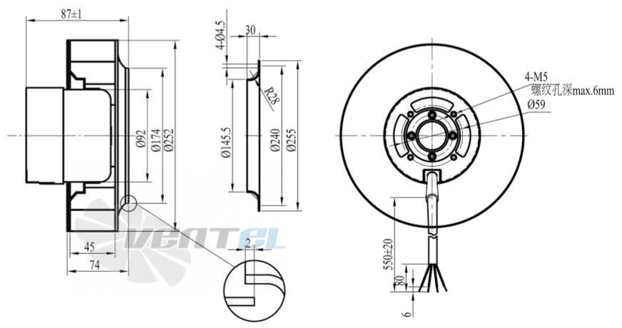 Габаритные размеры Boyoung HW3DC-250-092-I-090 0.112 кВт с обратно загнутыми лопатками DC