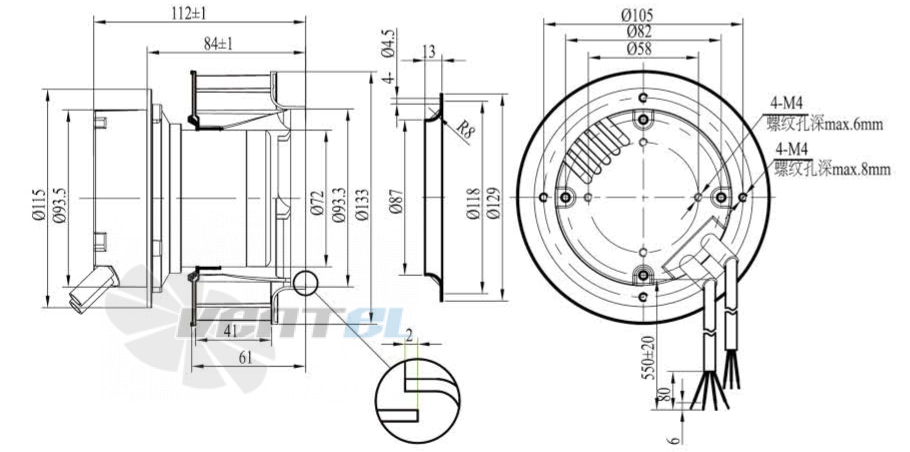 Габаритные размеры Boyoung HW2EC-133-072-I-1P061 0.045 кВт с обратно загнутыми лопатками EC
