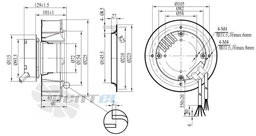 Габаритные размеры Boyoung HW2EC-225-072-I-1P090 0.082 кВт с обратно загнутыми лопатками EC