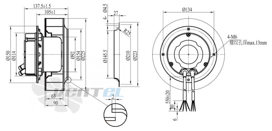 Габаритные размеры Boyoung HW2EC-225-092-I-1P090 0.14 кВт с обратно загнутыми лопатками EC