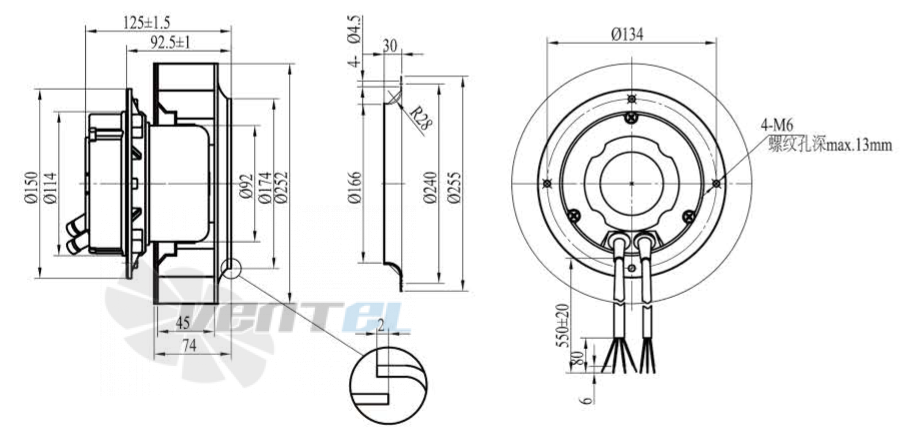 Габаритные размеры Boyoung HW2EC-250-092-I-1P090 0.164 кВт с обратно загнутыми лопатками EC