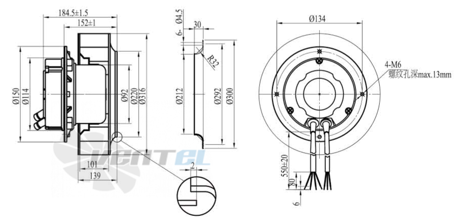 Габаритные размеры Boyoung HW2EC-315-092-I-1P139 0.157 кВт с обратно загнутыми лопатками EC