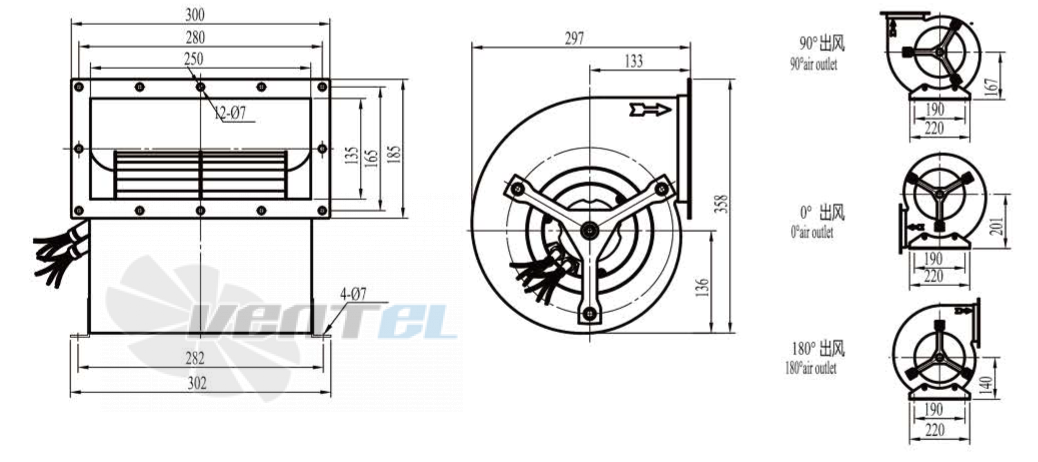 Габаритные размеры Boyoung QS2EC-180-092-25-1G 0.165 кВт с вперед загнутыми лопатками EC