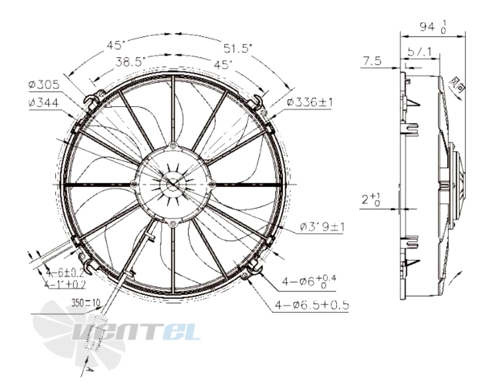 Габаритные и присоединительные размеры вентилятора AC.117.1327.35