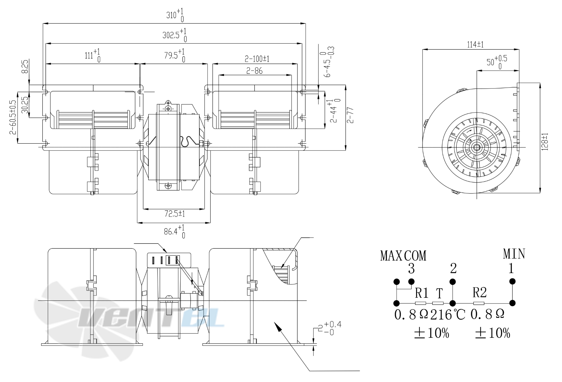 Габаритные и присоединительные размеры вентилятора AC.117.1423.02 автомобильного