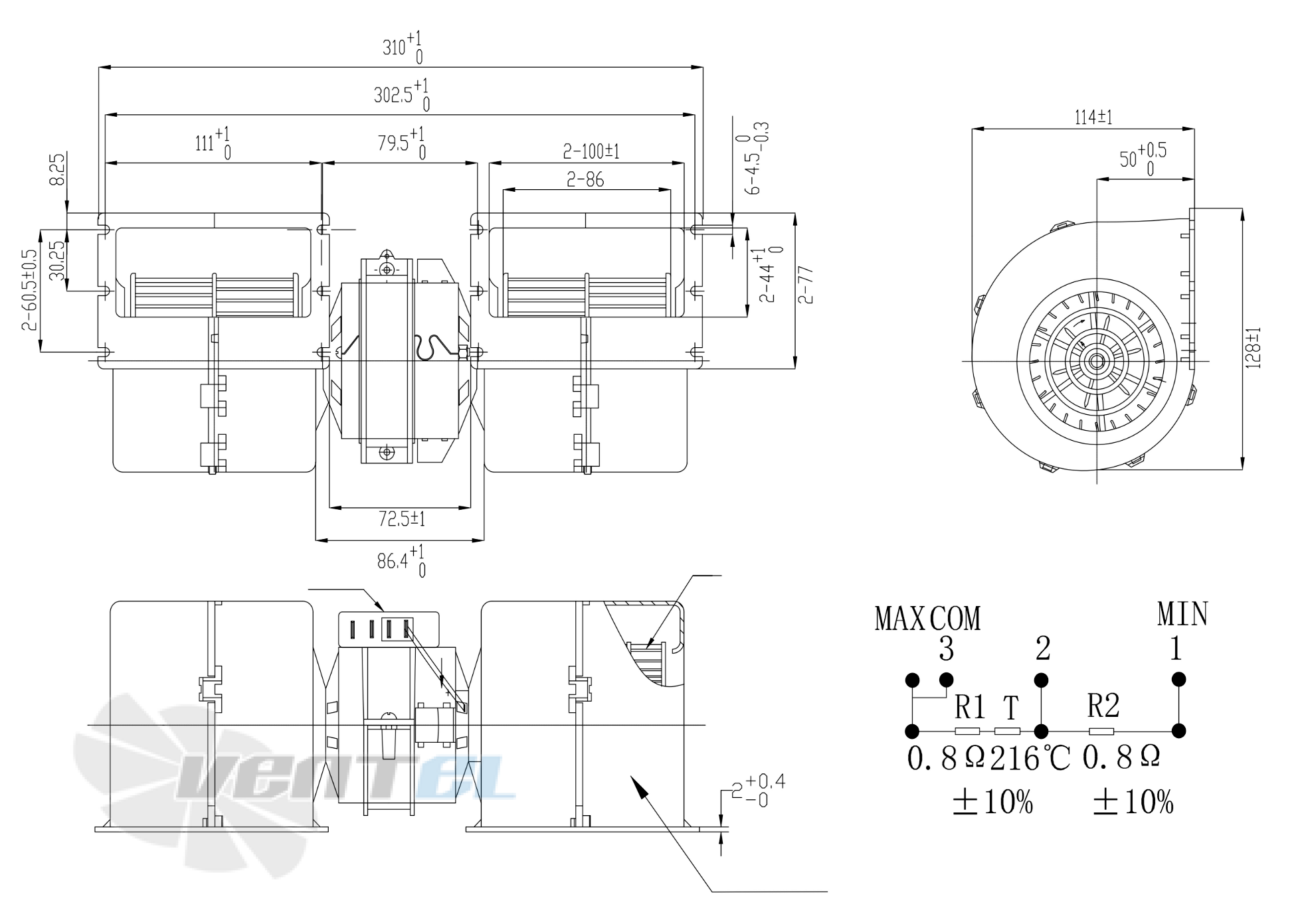 Габаритные и присоединительные размеры вентилятора AC.117.1423.04 автомобильного