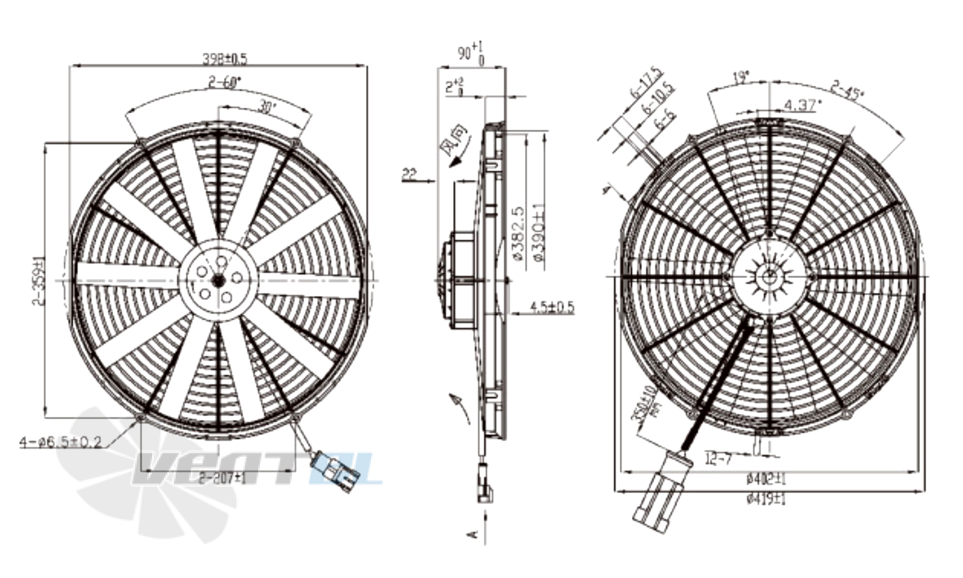 Габаритные и присоединительные размеры вентилятора AC.117.2005