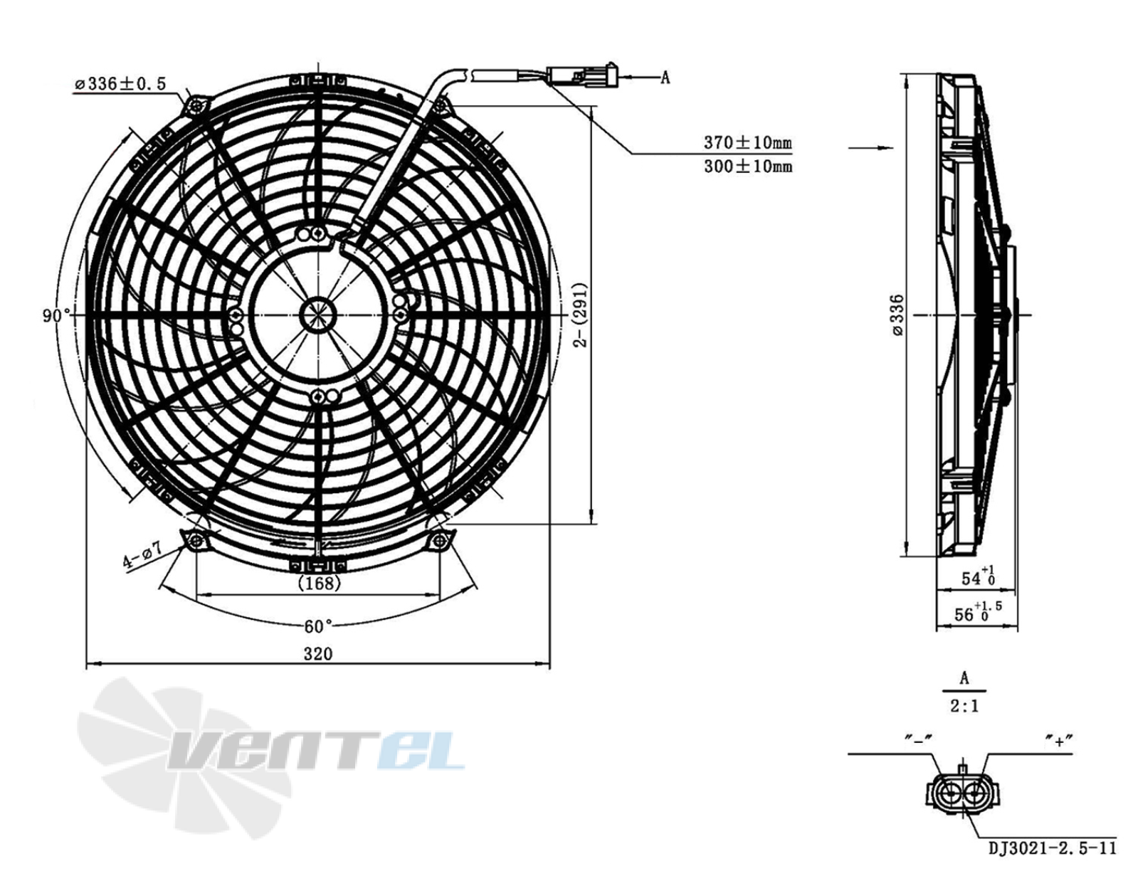 Габаритные и присоединительные размеры вентилятора AC.117.2607 автомобильного