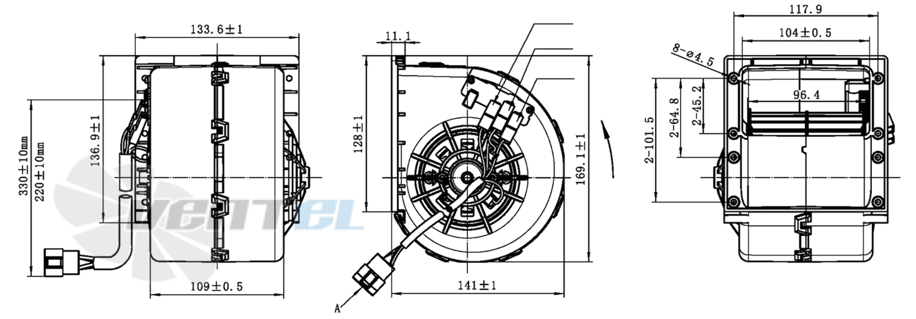Габаритные и присоединительные размеры вентилятора AC.117.3062.12 автомобильного