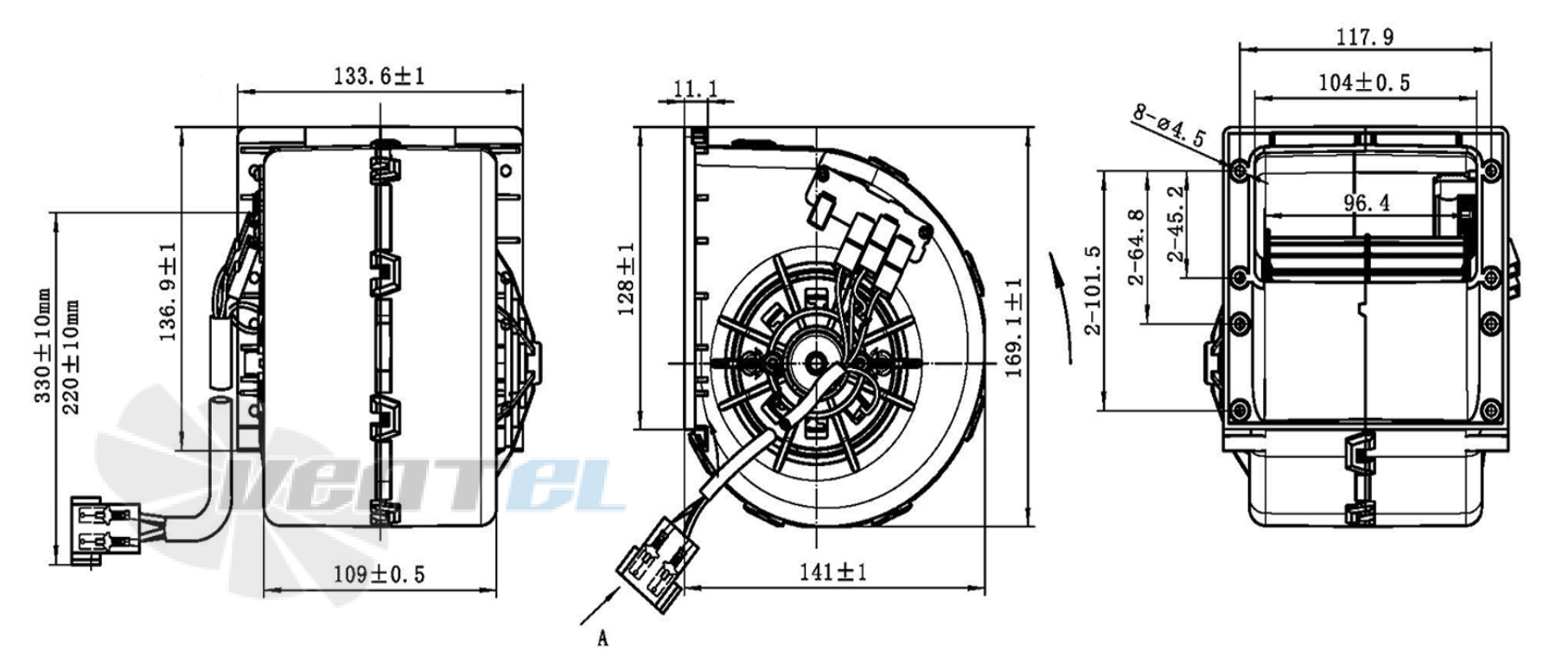 Габаритные и присоединительные размеры вентилятора AC.117.3062 автомобильного
