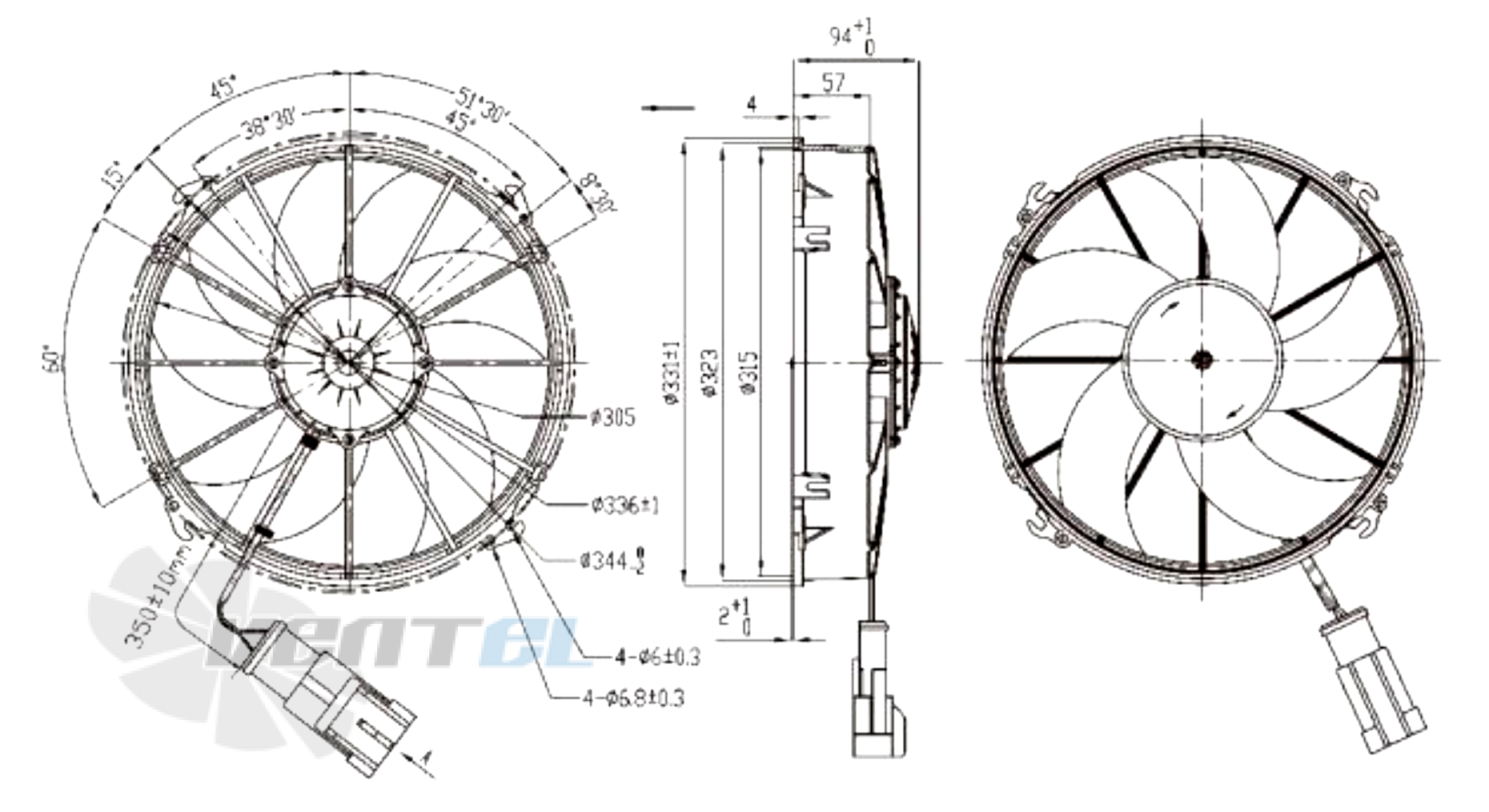 Габаритные и присоединительные размеры вентилятора AC.117.340.24 автомобильного