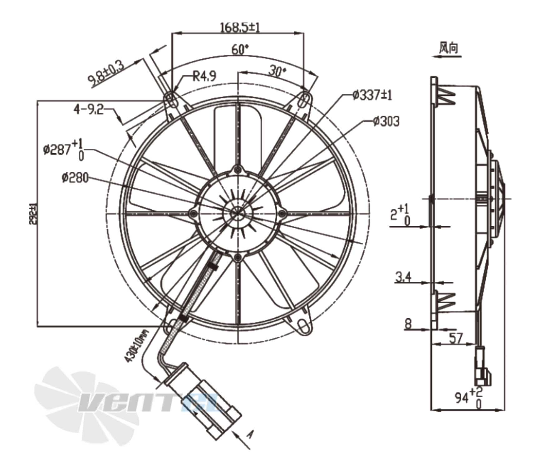 Габаритные и присоединительные размеры вентилятора AC.117.342.35 автомобильного