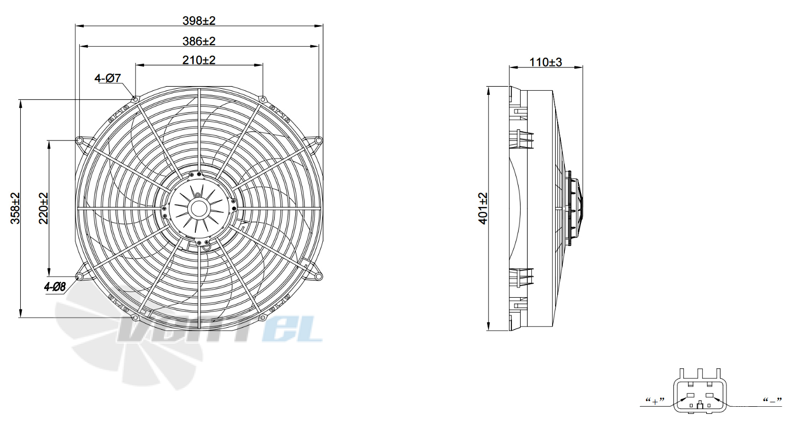 Габаритные и присоединительные размеры вентилятора AC.117.612 автомобильного