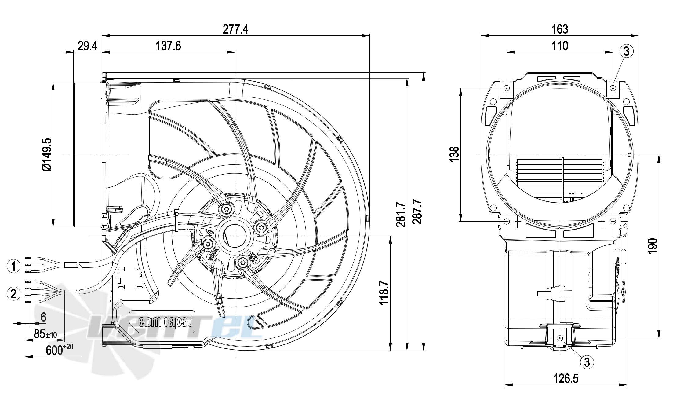 Габаритные размеры Ebmpapst D3G160-FQ17-05 Габаритные размеры Ebmpapst D3G160-FQ17-05