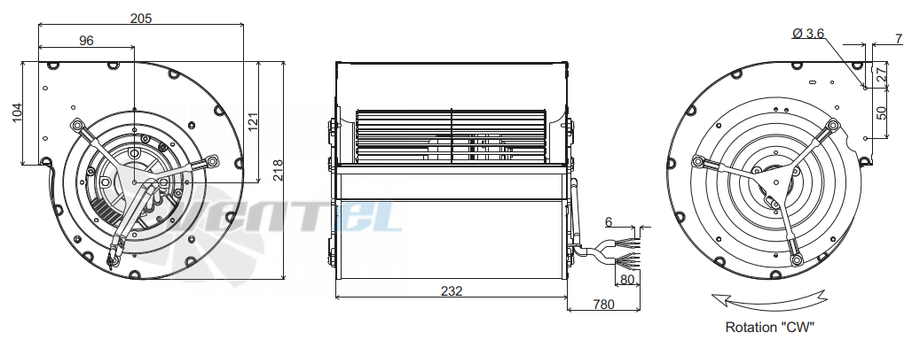 Габаритные размеры ECOFIT GDSG9 146*188R L02-A3 с вперёд загнутыми лопатками
