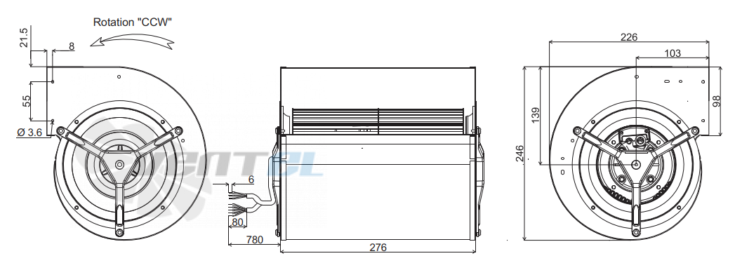 Габаритные размеры ECOFIT GDSL4 160*242L K03-A2 с вперёд загнутыми лопатками