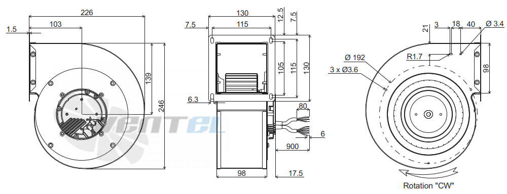 Габаритные размеры ECOFIT GREG9 160*62R K39-A7 с вперёд загнутыми лопатками