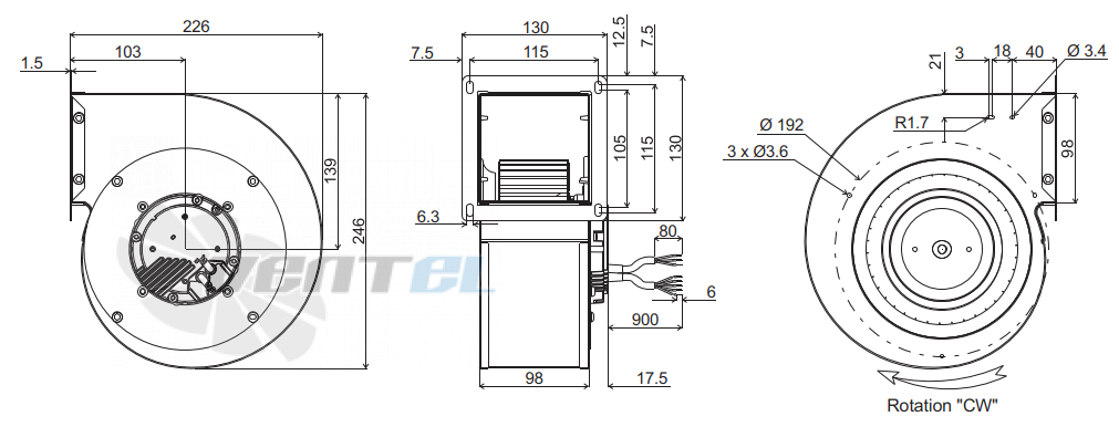 Габаритные размеры ECOFIT GREG9 160*62R L02-A1 с вперёд загнутыми лопатками