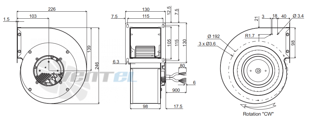 Габаритные размеры ECOFIT GREG9 160*62R L02-A2 с вперёд загнутыми лопатками