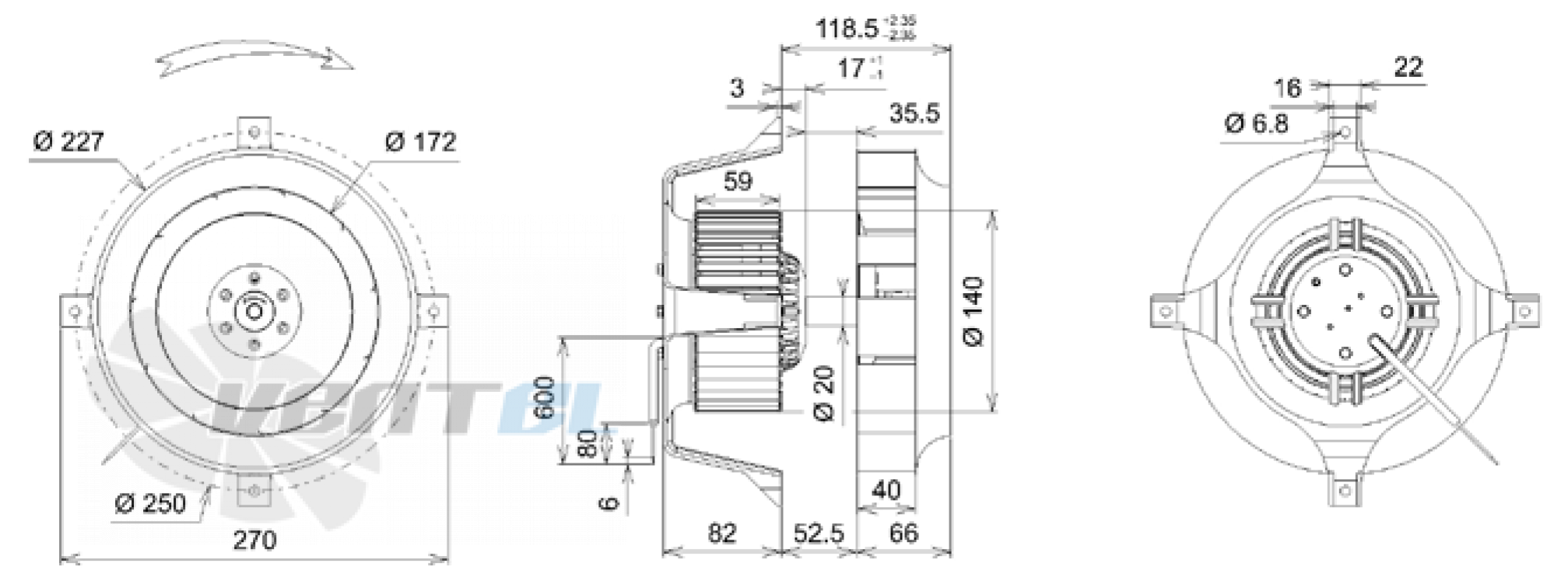 Габаритные размеры ECOFIT K03-16 2DTR45 225*40R