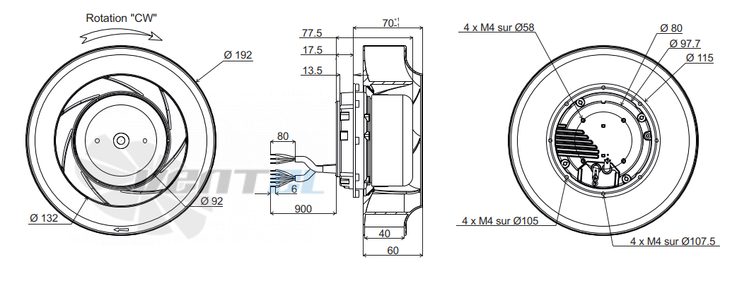 Габаритные размеры ECOFIT RREG9 192*40R K49-A4 с обратно загнутыми лопатками