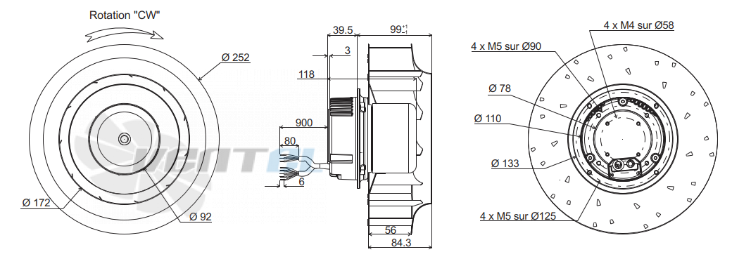 Габаритные размеры ECOFIT RREL4 250*56R I47-A5 с обратно загнутыми лопатками