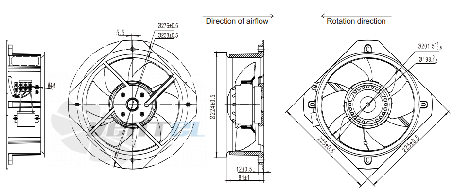 Присоединительные размеры Fans-tech AR200A1-AF5-00 осевой AC