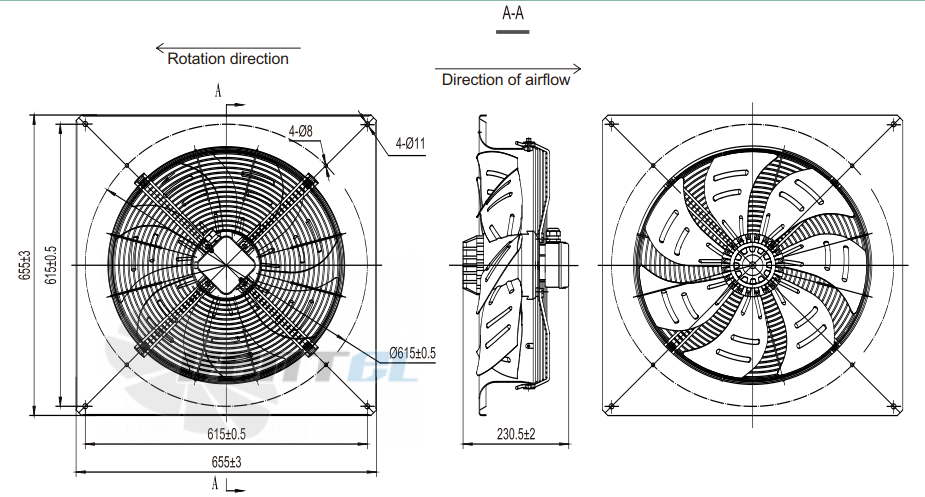 Присоединительные размеры Fans-tech AS500A3-AG5-03 осевой AC