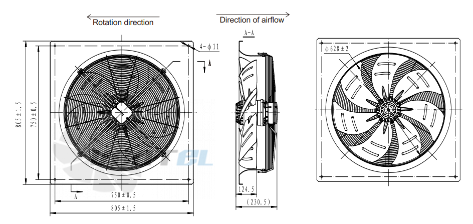 Присоединительные размеры Fans-tech AS630A3-AG5-01осевой AC