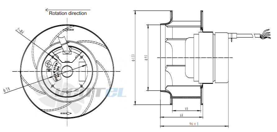 Присоединительные размеры Fans-tech SC133A1-AGT-00 с обратно загнутыми лопатками AC