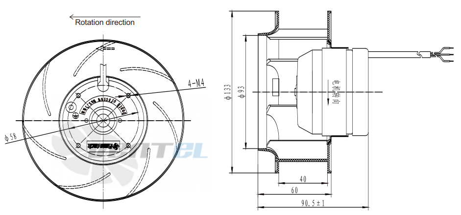 Присоединительные размеры Fans-tech SC133C1-AG5-02 с обратно загнутыми лопатками AC