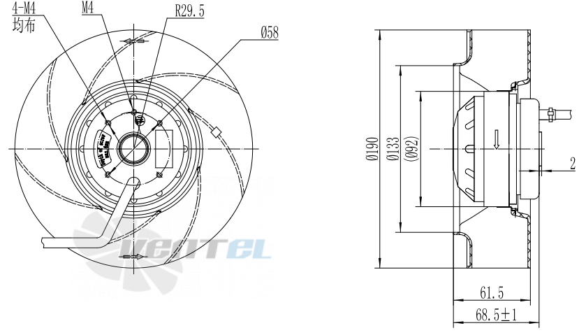 Присоединительные размеры Fans-tech SC190B1-AQT-01 с обратно загнутыми лопатками AC