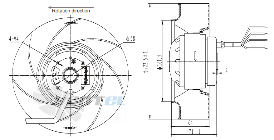Присоединительные размеры Fans-tech SC220A1-AGT-03 с обратно загнутыми лопатками AC