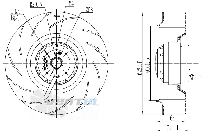 Присоединительные размеры Fans-tech SC220B1-AQT-01 с обратно загнутыми лопатками AC