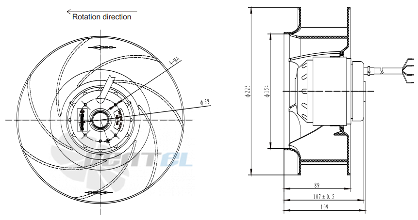 Присоединительные размеры Fans-tech SC225A1-AGT-13 с обратно загнутыми лопатками AC