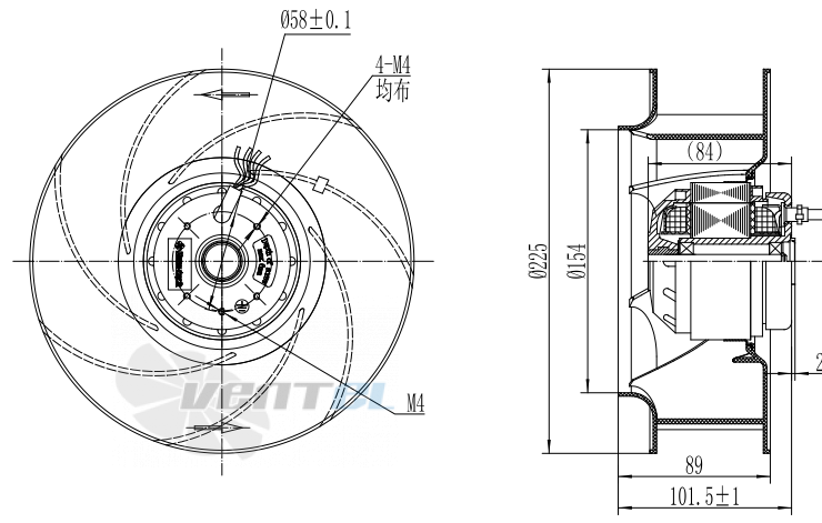 Присоединительные размеры Fans-tech SC225B1-AQT-00 с обратно загнутыми лопатками AC