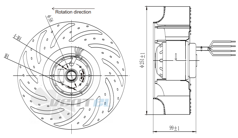 Присоединительные размеры Fans-tech SC250A1-AC6-16 с обратно загнутыми лопатками AC