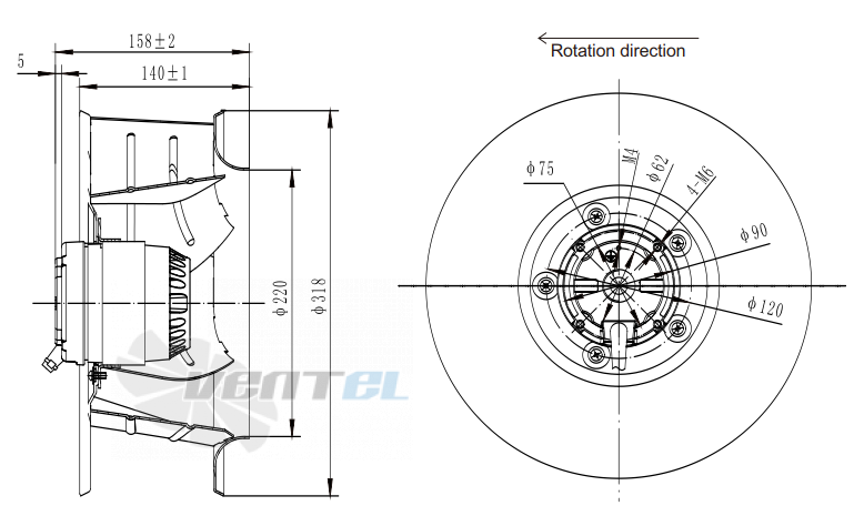 Присоединительные размеры Fans-tech SC320A2-AGT-08 с обратно загнутыми лопатками AC