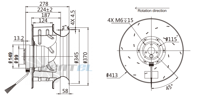 Присоединительные размеры Fans-tech SC400A2-AG5-00 с обратно загнутыми лопатками AC