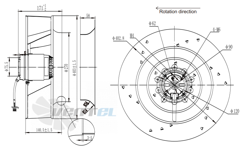 Присоединительные размеры Fans-tech SC400A2-AG5-01 с обратно загнутыми лопатками AC