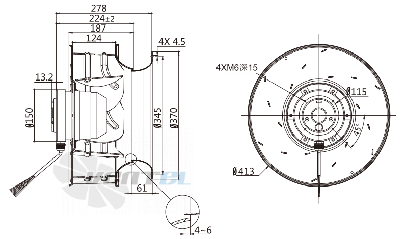 Присоединительные размеры Fans-tech SC400B2-AL5-00 с обратно загнутыми лопатками AC