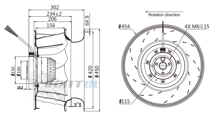 Присоединительные размеры Fans-tech SC450B2-AL5-00 с обратно загнутыми лопатками AC