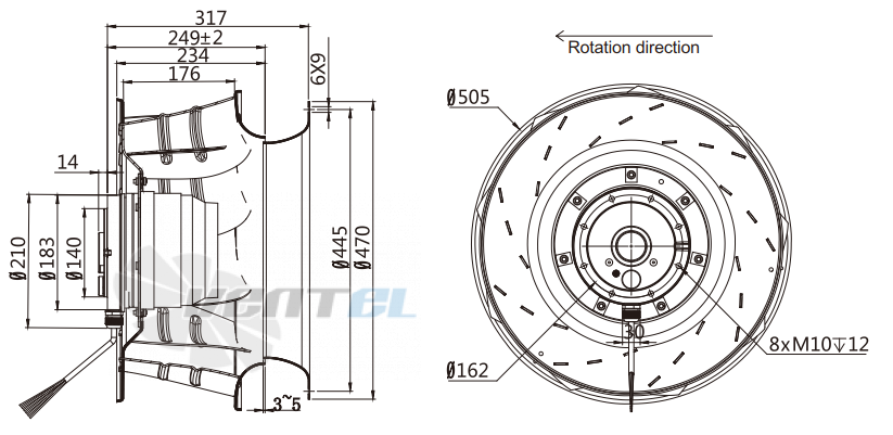 Присоединительные размеры Fans-tech SC500B2-AL5-00 с обратно загнутыми лопатками AC